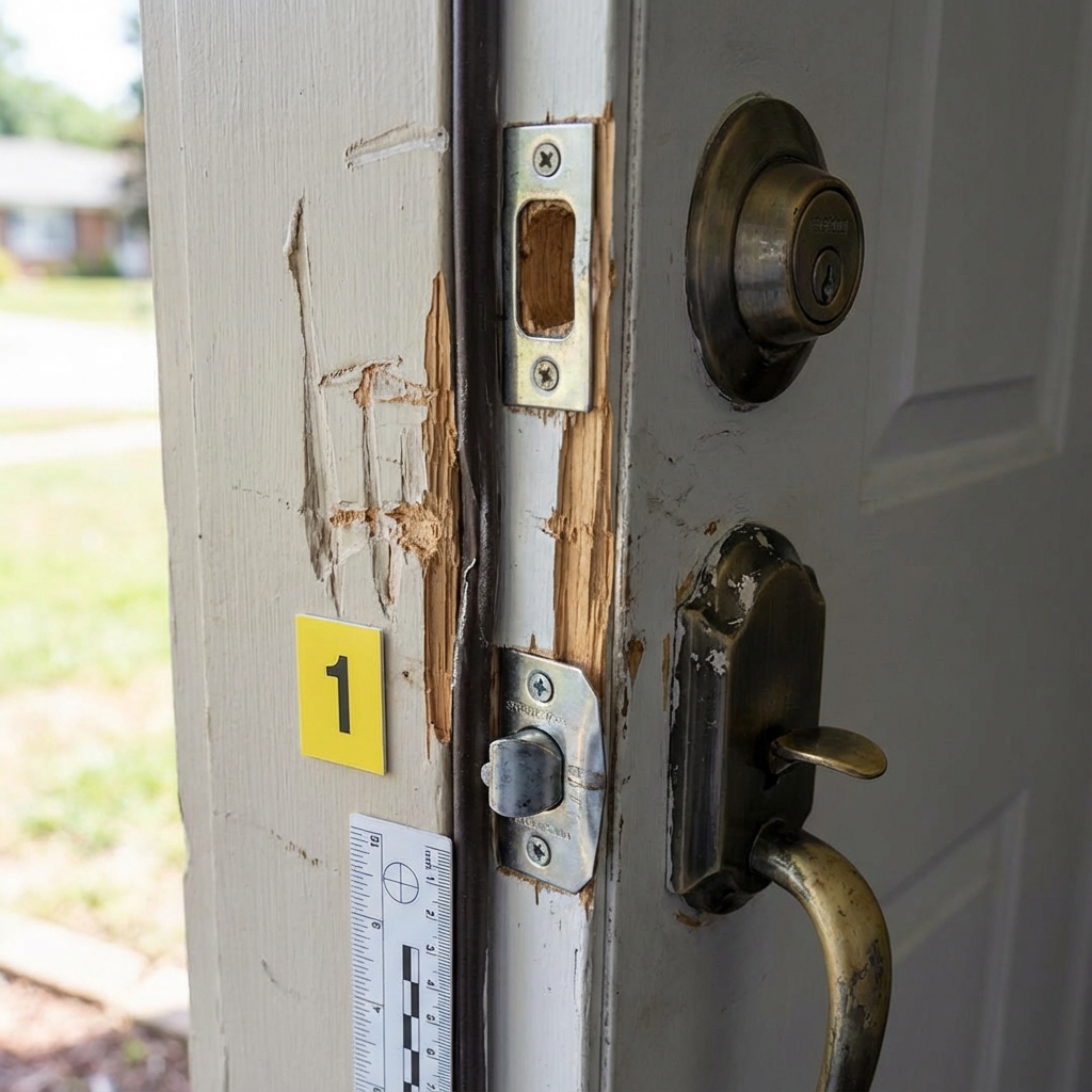 Porte fracturée avec traces de pied de biche