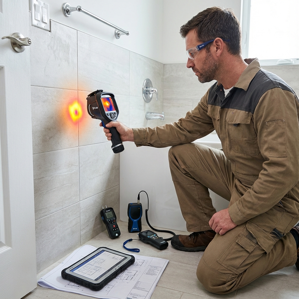 Plombier utilisant une caméra thermique pour détecter une fuite